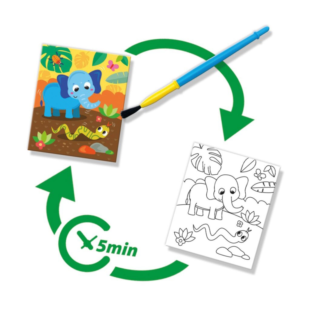 Kit de pintura com água com pincel azul e amarelo e folhas para colorir de elefante e cobra