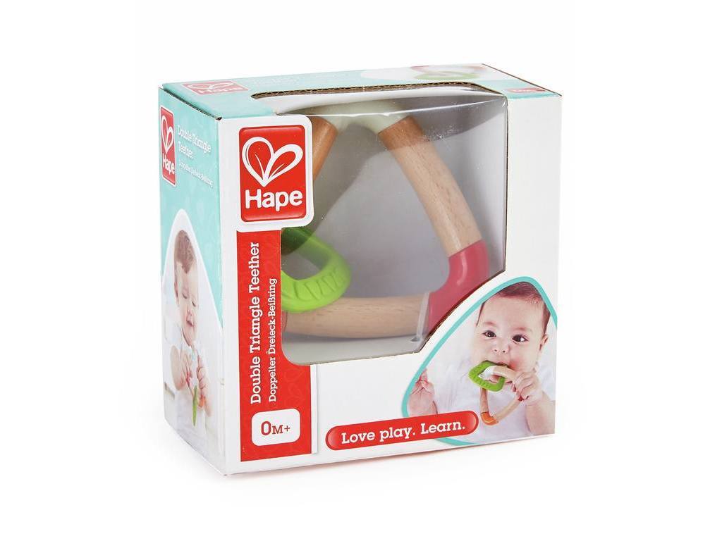 Brinquedo de bebé Hape Triangle Teether em embalagem com texto e imagens