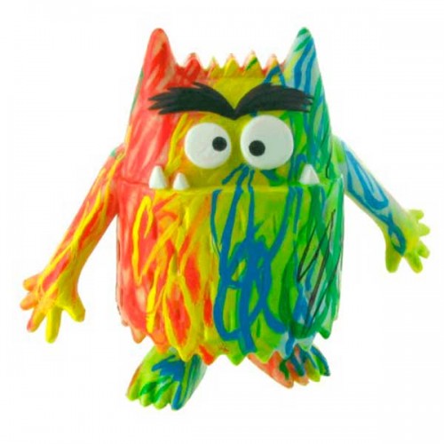 Figura de monstro colorido com olhos grandes e texturas riscadas multicolor