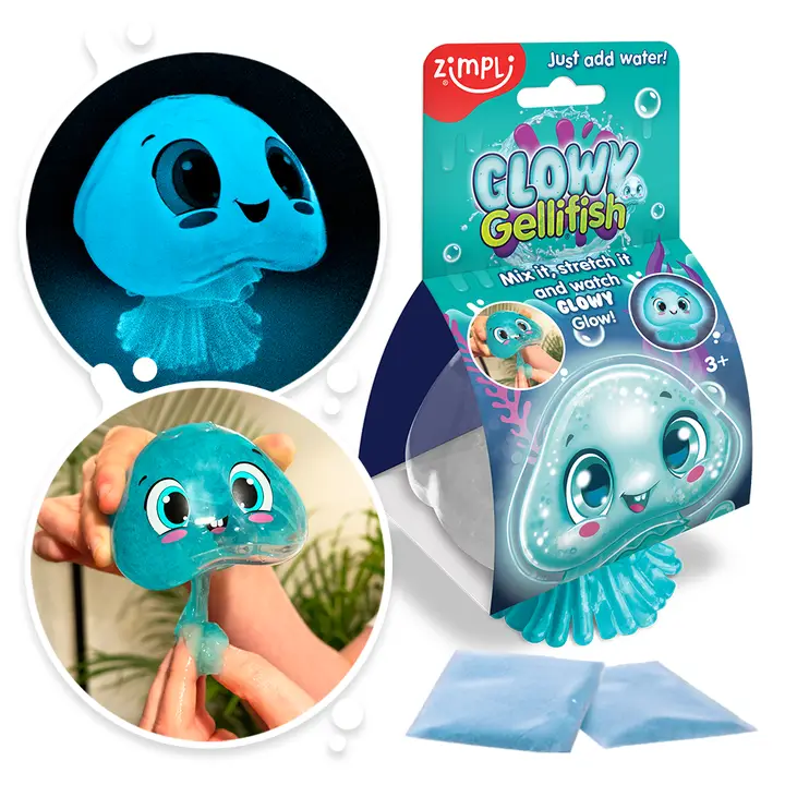 Brinquedo Glowk Gellifish azul que brilha no escuro em forma de água-viva na embalagem com dois pacotes de gel