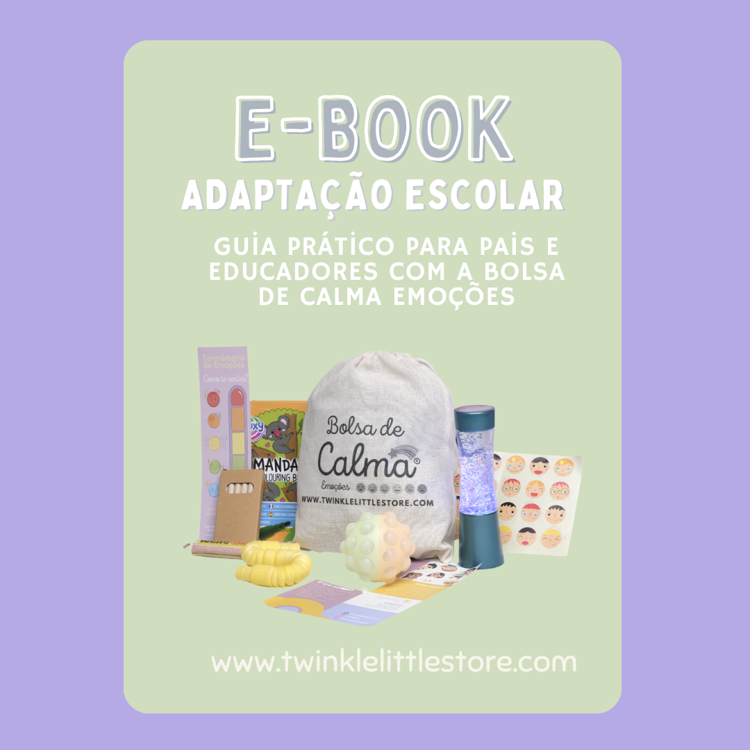 Conjunto de produtos em fundo verde com texto sobre e-book e bolsa de calma