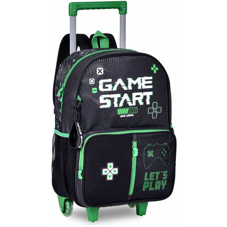 Mochila preta e verde com tema de jogos, com rodas e puxador