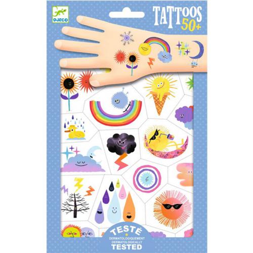 Pacote de tatuagens temporárias coloridas com desenhos variados de sol, nuvens, arco-íris, lua e gotas de chuva