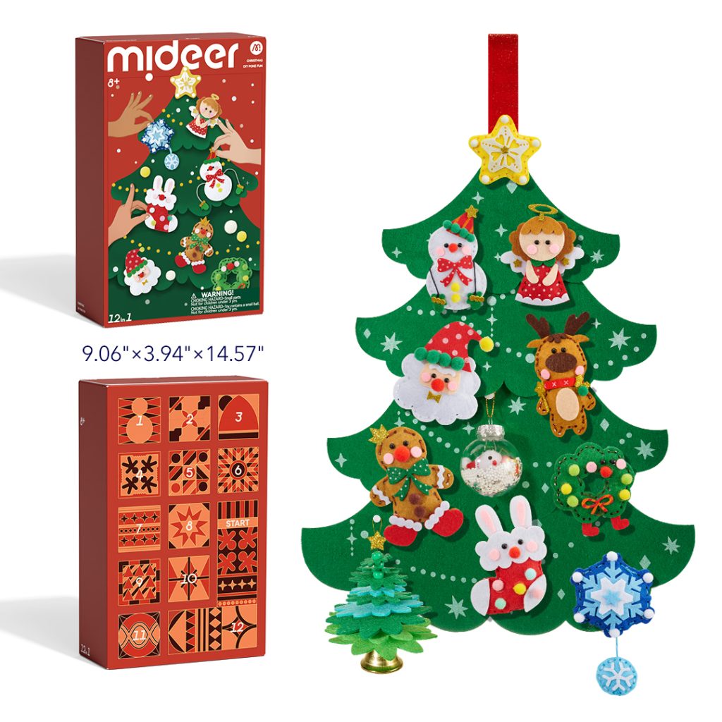 Árvore de Natal em feltro verde com ornamentos coloridos e embalagem vermelha da marca mideer para crianças 8+