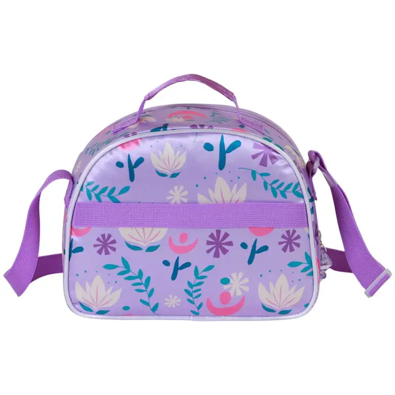 Mala de mão infantil lilás com padrão de flores e alça roxa