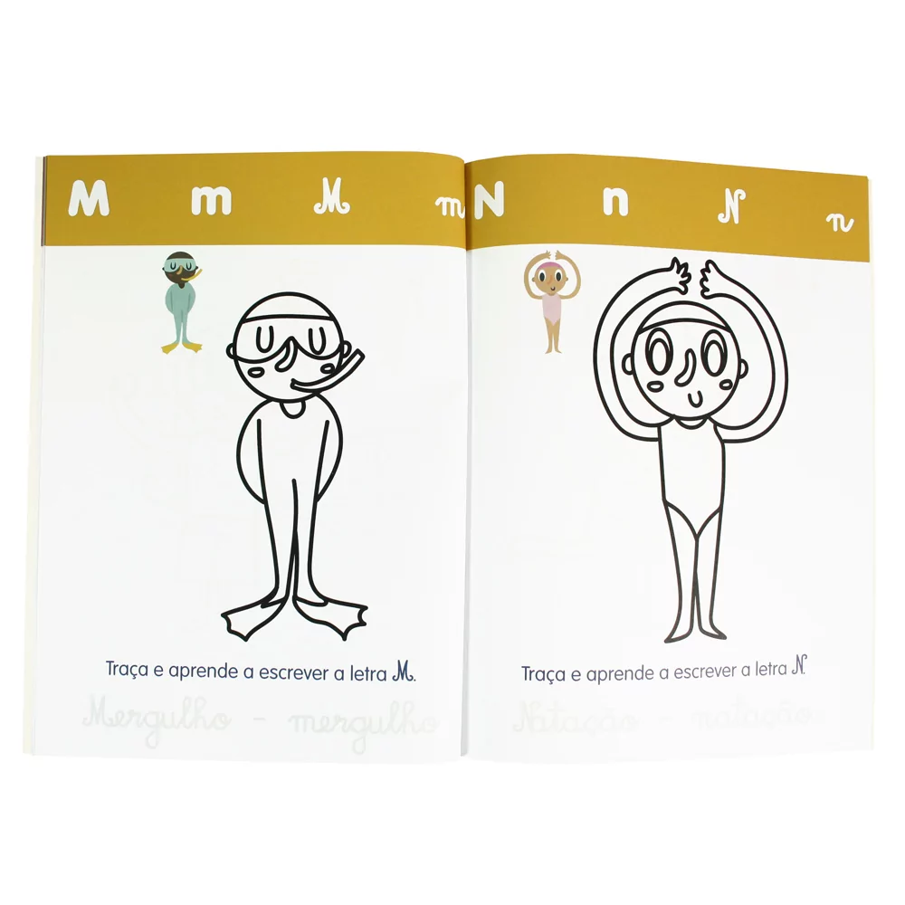 Livro infantil para aprender letras M e N com ilustrações e texto em português.