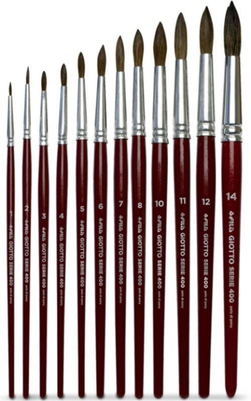 Conjunto de 12 pincéis de vários tamanhos com cabo vermelho e cerdas castanhas
