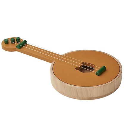 Instrumento musical de cordas de madeira clara com detalhes verdes