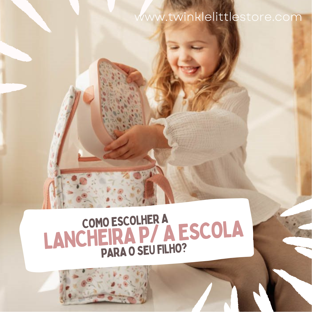 Criança com lancheira floral rosa e branca e texto sobre escolha de lancheira para escola.