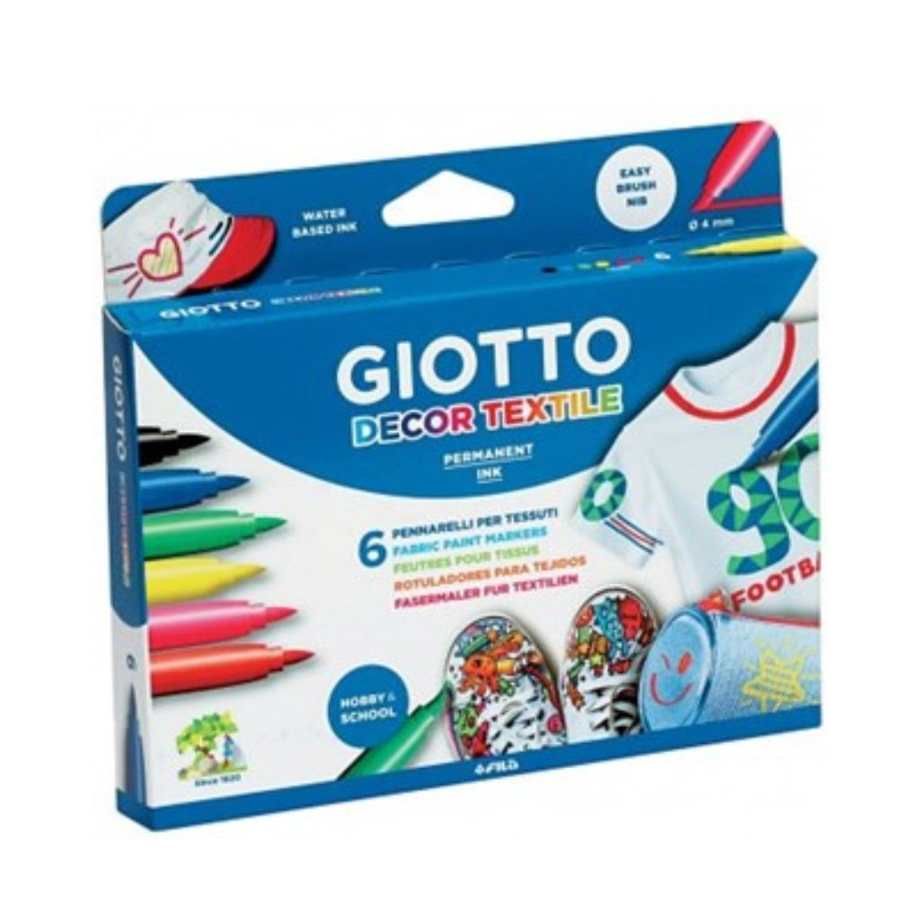 Pack de marcadores para tecido Giotto Decor Textile com caixa azul e imagens de roupa decorada