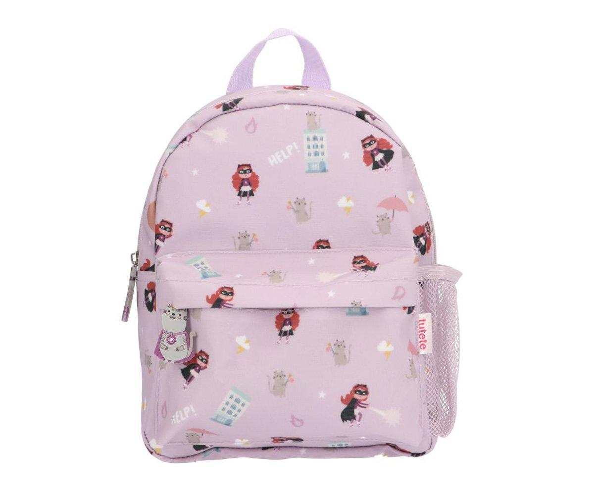 Mochila cor-de-rosa pequena com padrão de personagens animados e bolso frontal.