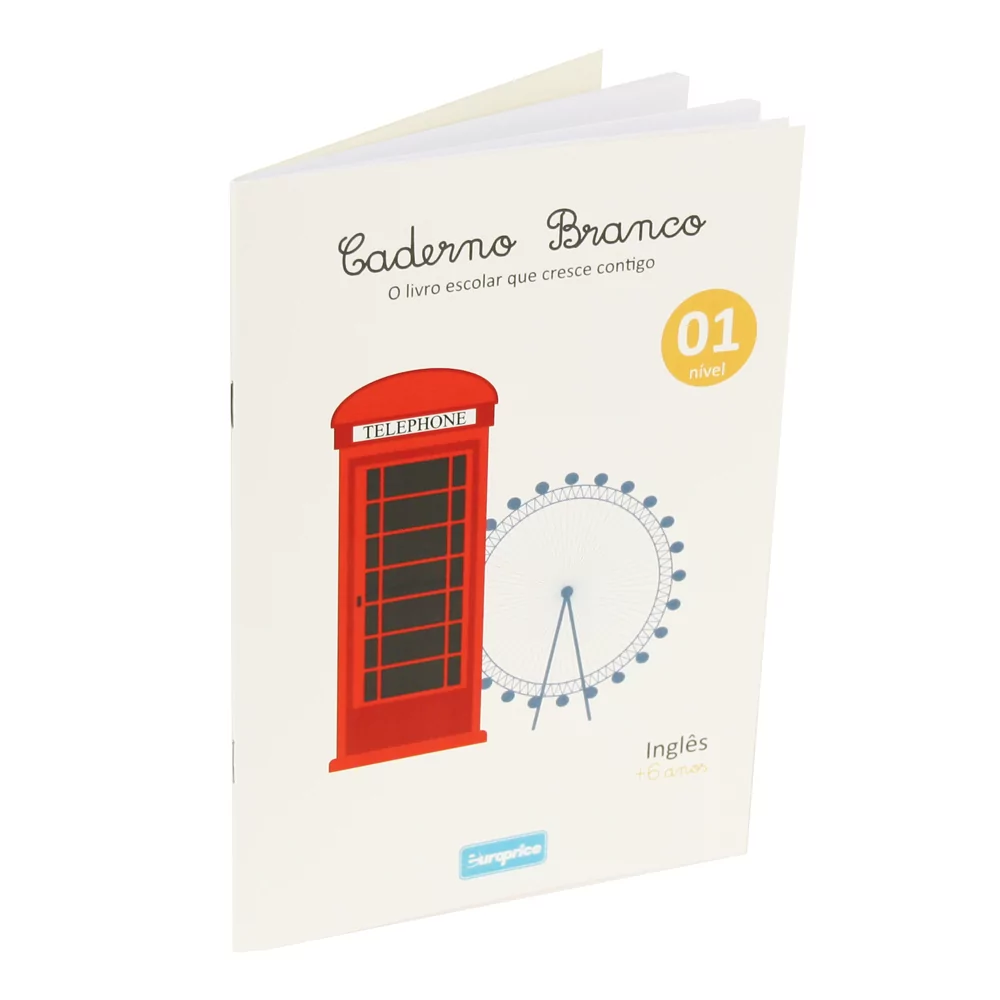 Caderno escolar branco com ilustrações e texto em português