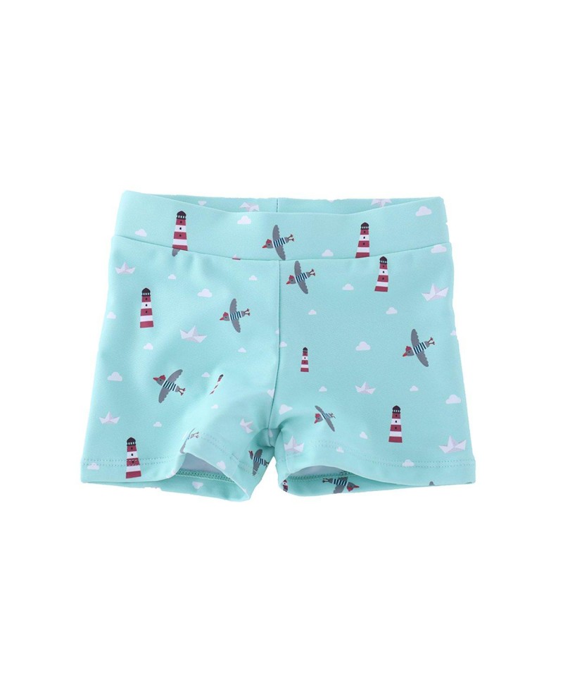 Calções de banho azuis claros para criança com padrão de faróis, nuvens, gaivotas e barcos de papel