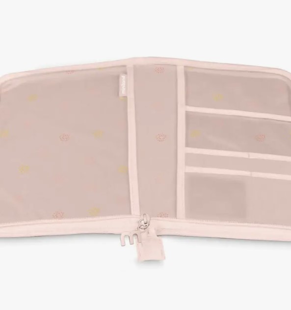 Organizador tecido bege claro com compartimentos e fecho de correr