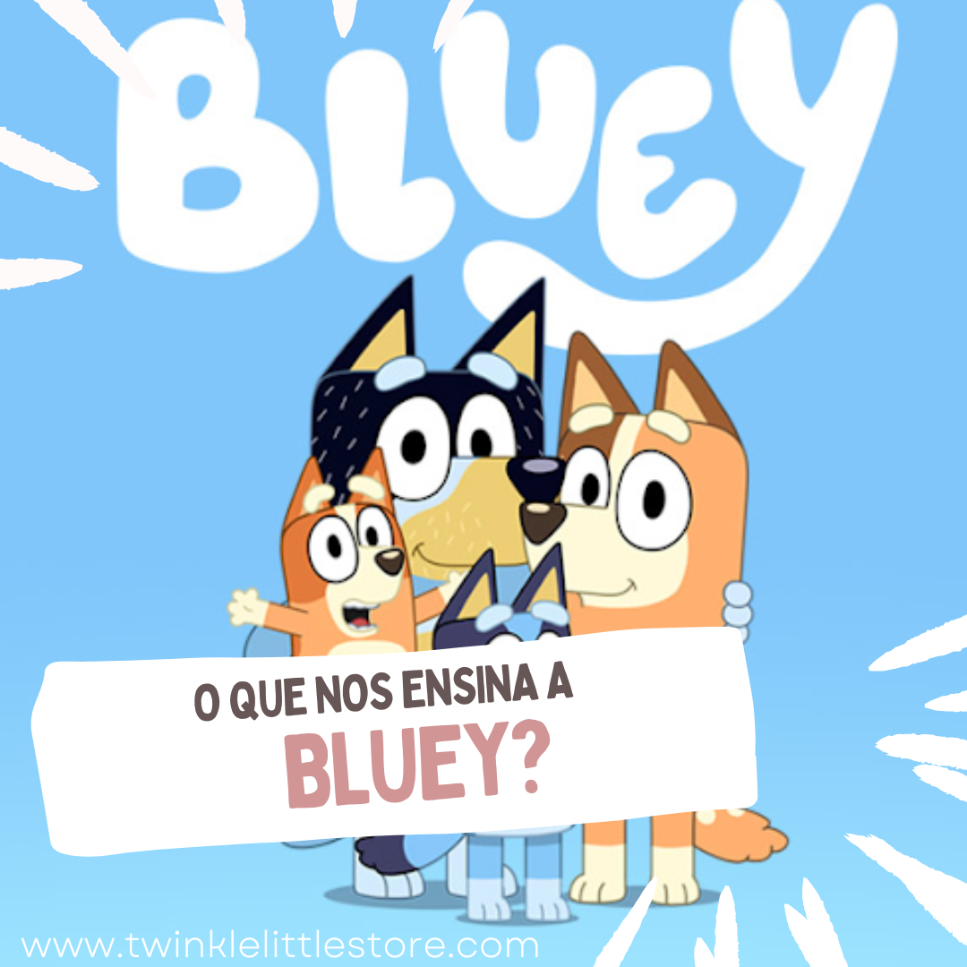 Personagens da série Bluey segurando placa com texto em fundo azul