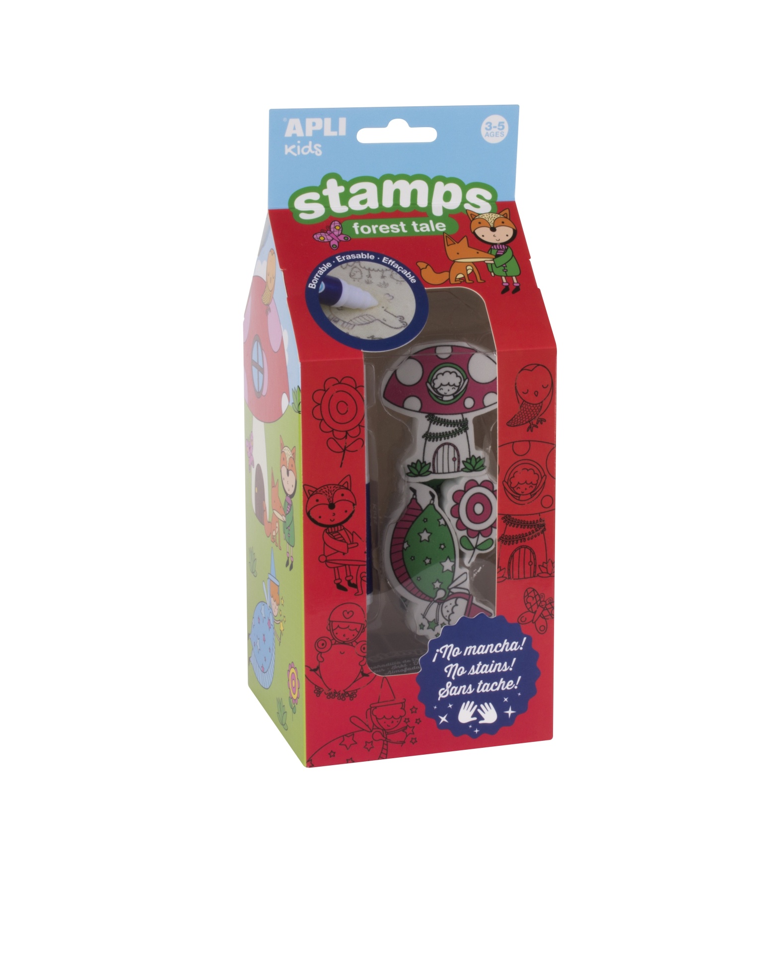 Caixa de carimbos para crianças APLI Kids tema forest tale com desenhos de cogumelo e elementos da floresta