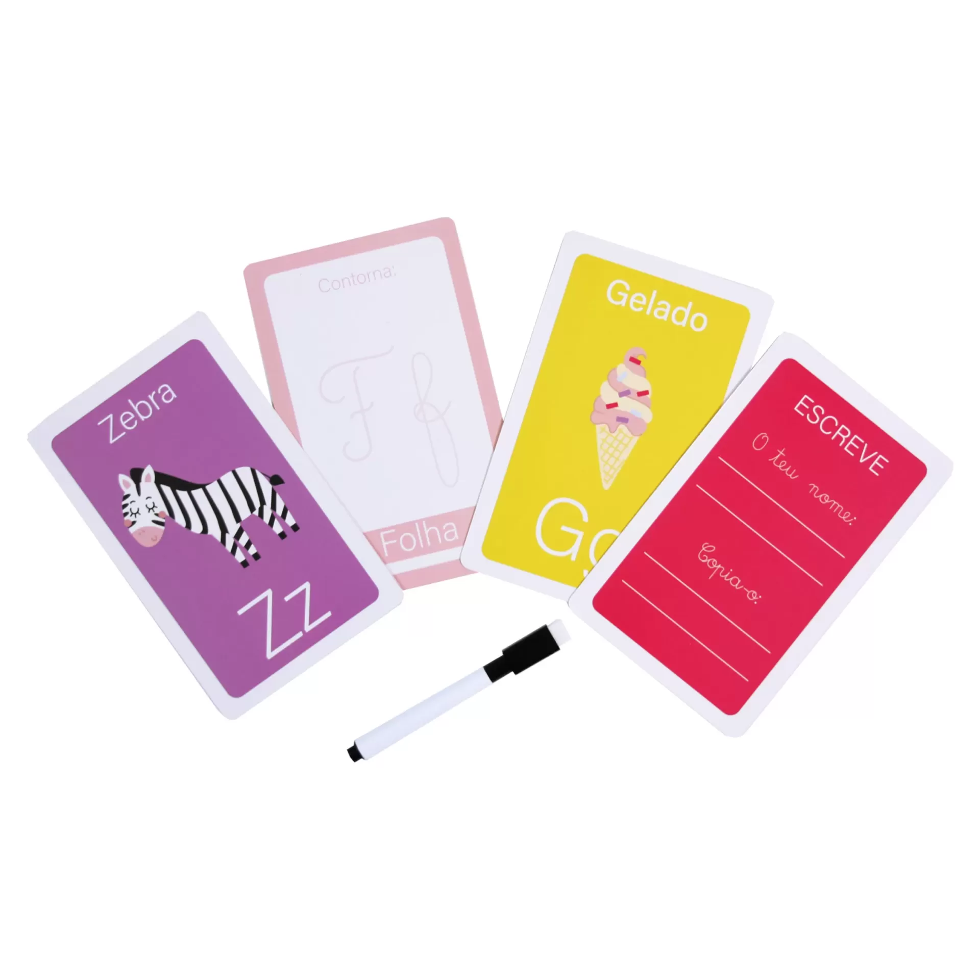 Quatro cartões educativos plásticos coloridos com temas e uma caneta para apagar