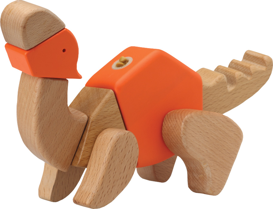 Brinquedo de dinossauro de madeira com partes laranja