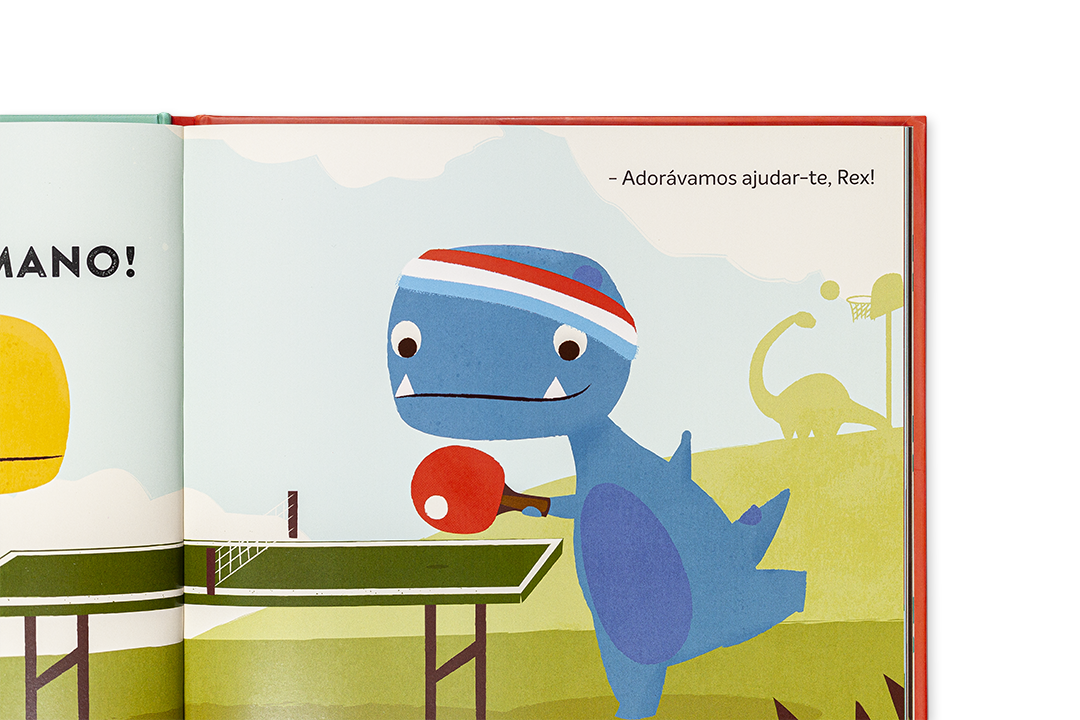 Ilustração de dinossauro azul a jogar ténis de mesa num livro infantil aberto.