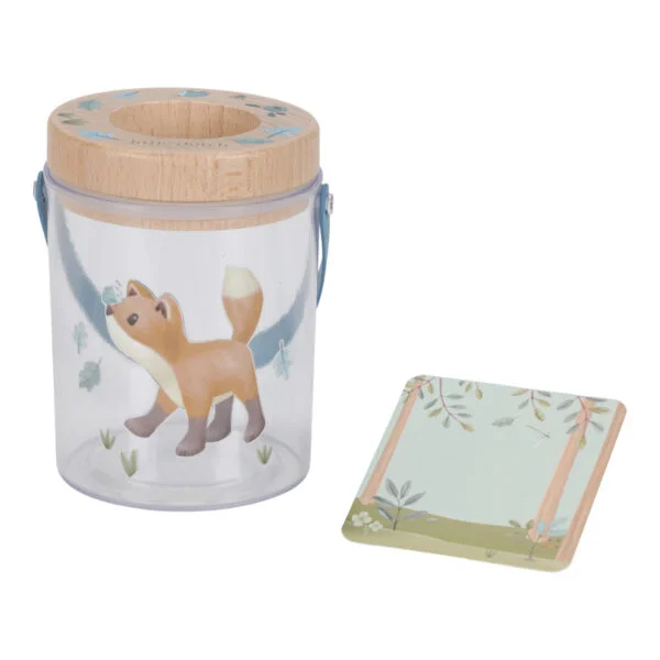 Recipiente transparente com tampa de bambu decorado com raposa e suporte com padrão de folhas