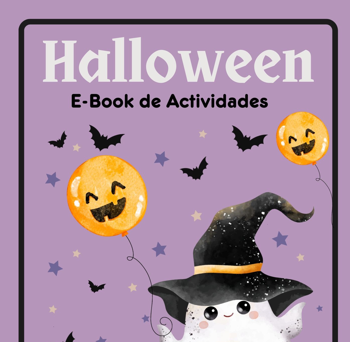 Capa de E-Book de Halloween com fantasma, balões de abóbora e morcegos