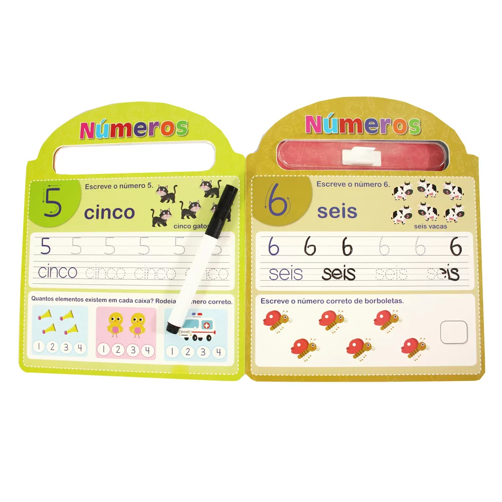 Livro educativo para aprender números 5 e 6 com ilustrações e caneta preta