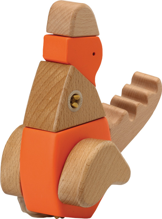 Brinquedo de madeira laranja e natural em forma de pássaro estilizado