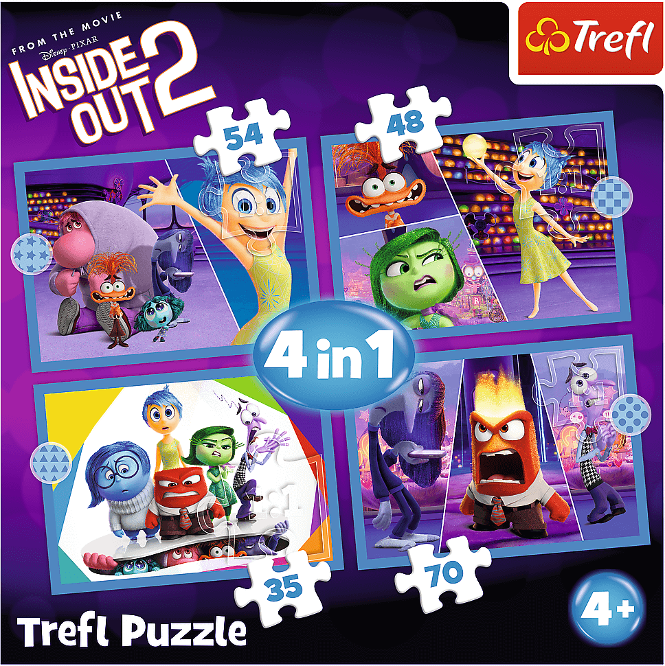 Embalagem de puzzle Trefl Inside Out 2 com 4 puzzles coloridos e número de peças