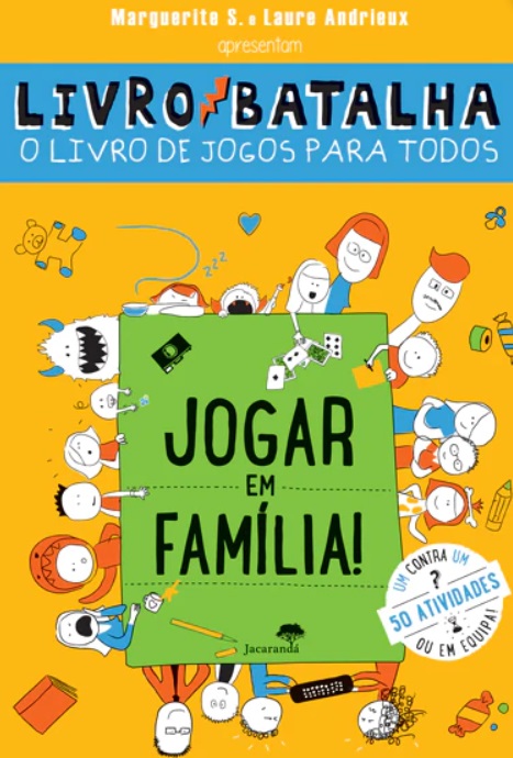 Capa de livro amarelo e verde com texto e ilustrações de pessoas a jogar