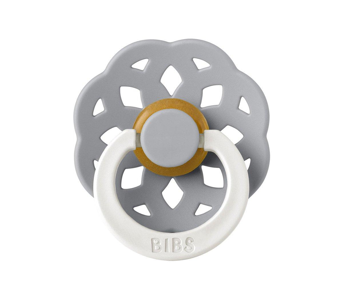 Chupeta BIBS cinzenta com argola branca e botão bege