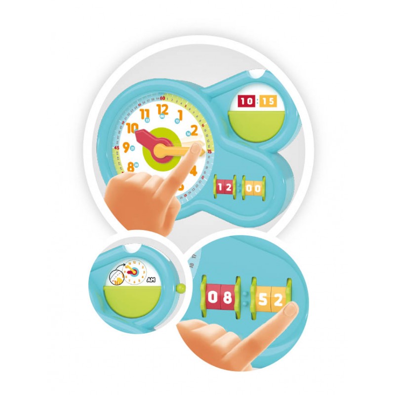 Relógio educativo de plástico azul claro com ponteiros e mostradores numerados