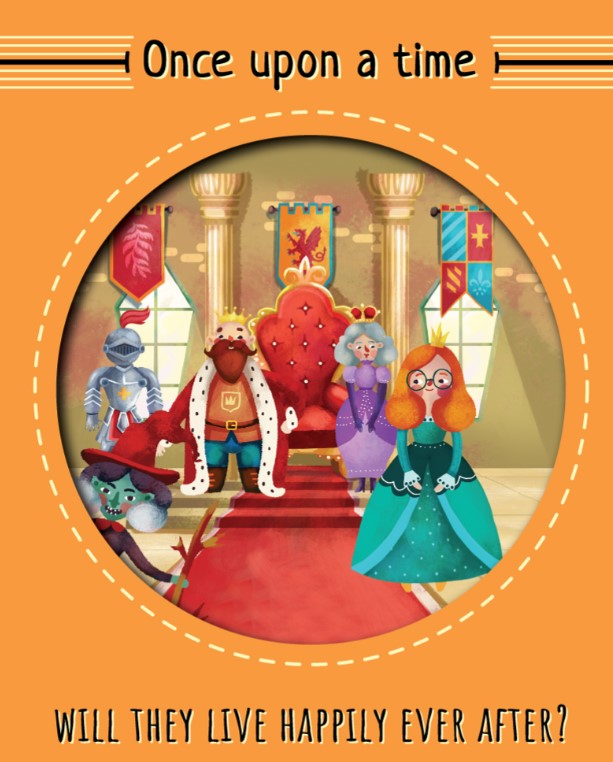 Ilustração medieval com rei, rainha, princesa, cavaleiro e outros personagens em castelo