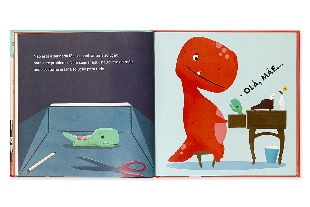 Páginas ilustradas de livro infantil com dinossauros coloridos e texto em português.