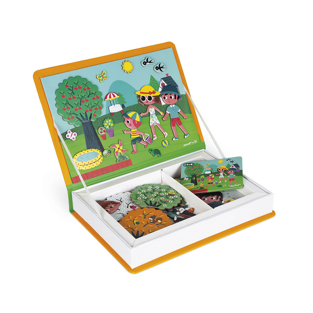 Conjunto de puzzle infantil colorido em caixa aberta com ilustrações de crianças e natureza.