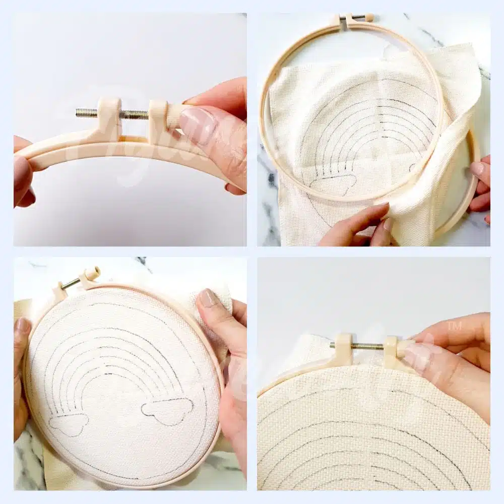 Montagem de bastidor de bordado com tecido branco e desenho de arco-íris