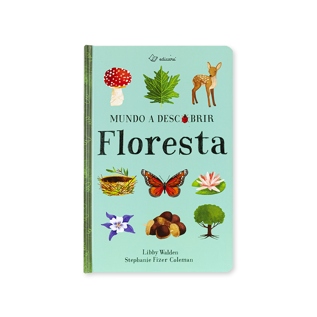 Livro infantil capa dura sobre a floresta com várias ilustrações coloridas