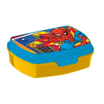 Caixa de lancheira amarela com tampa azul e imagem do Spiderman