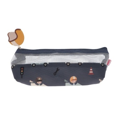 estojo escolar azul com padrões e fecho superior