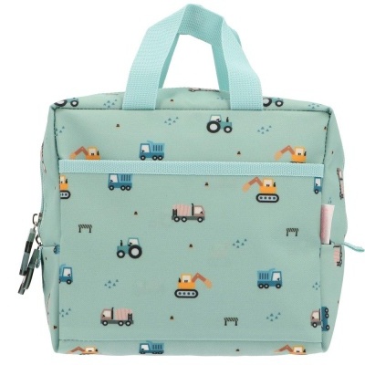 Mochila infantil verde água com padrão de veículos de construção