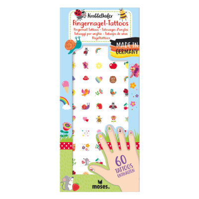 Pacote colorido com tatuagens para unhas em várias figuras e texto em alemão e inglês