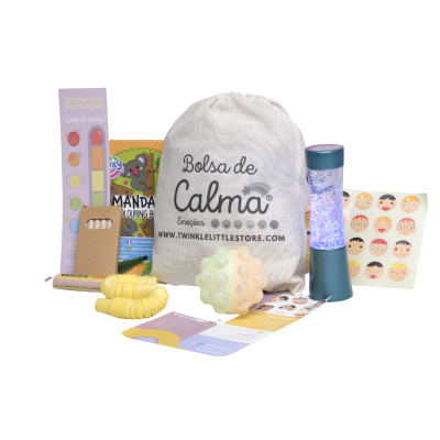 Conjunto de brinquedos sensoriais e bolsa de tecido com a inscrição 'Bolsa de Calma'