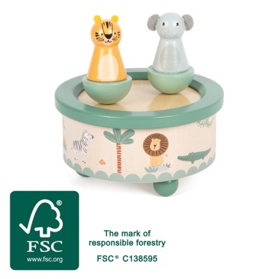 Brinquedo infantil de madeira redondo com figuras de tigre e elefante.