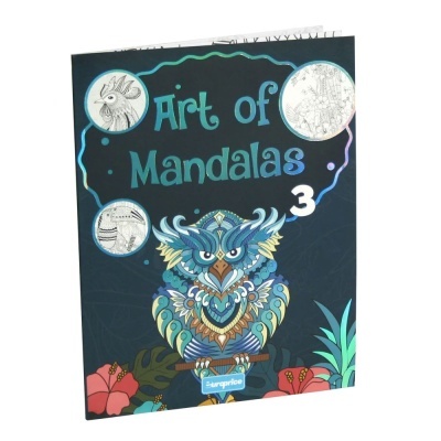 Capa do livro de colorir Art of Mandalas 3 com uma coruja colorida e flores