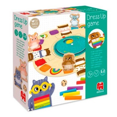 Caixa do jogo Dress Up da Goula com peças coloridas para vestir animais de pelúcia