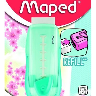 Borracha Maped verde translúcida em embalagem rosa com flores