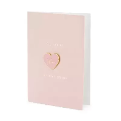 Cartão cor-de-rosa com coração dourado e texto