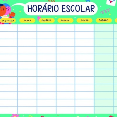 Horário escolar colorido com dias da semana e logótipo THE HAPPY GANG