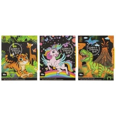Três cadernos infantis de atividades com desenhos coloridos de animais e texto 'Scratch & Coloring Book'