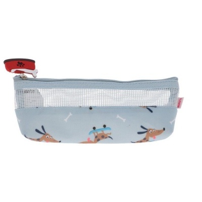 Estojo azul claro com padrão de cães e zíper com puxador vermelho em forma de osso