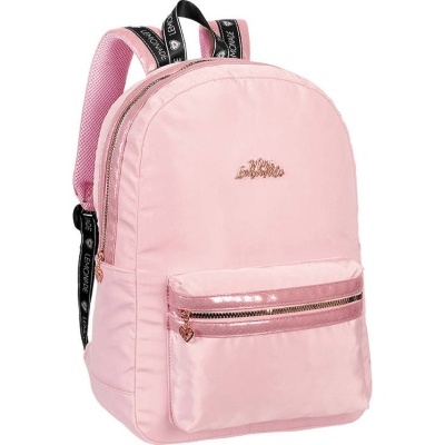Mochila rosa clara com bolso frontal e alças pretas com texto